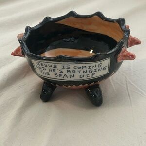 Tom Edwards Jesus Bean Sacred Dip Bowl Halloween Pottery Signed Cauldron